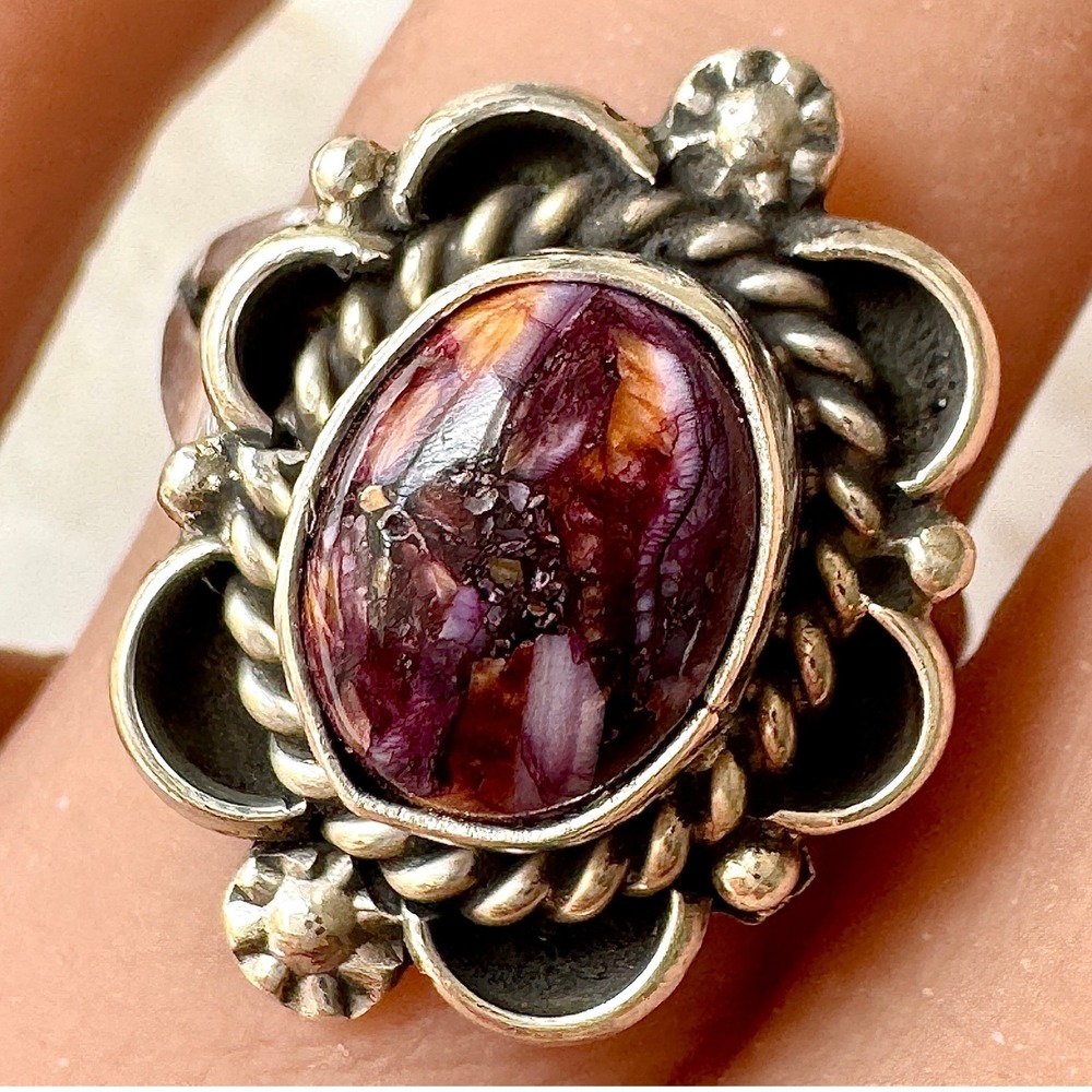 Navajo Flower Ring Purple Spiny Oyster Sz 8 Sterling Silver Native Signed Morgan